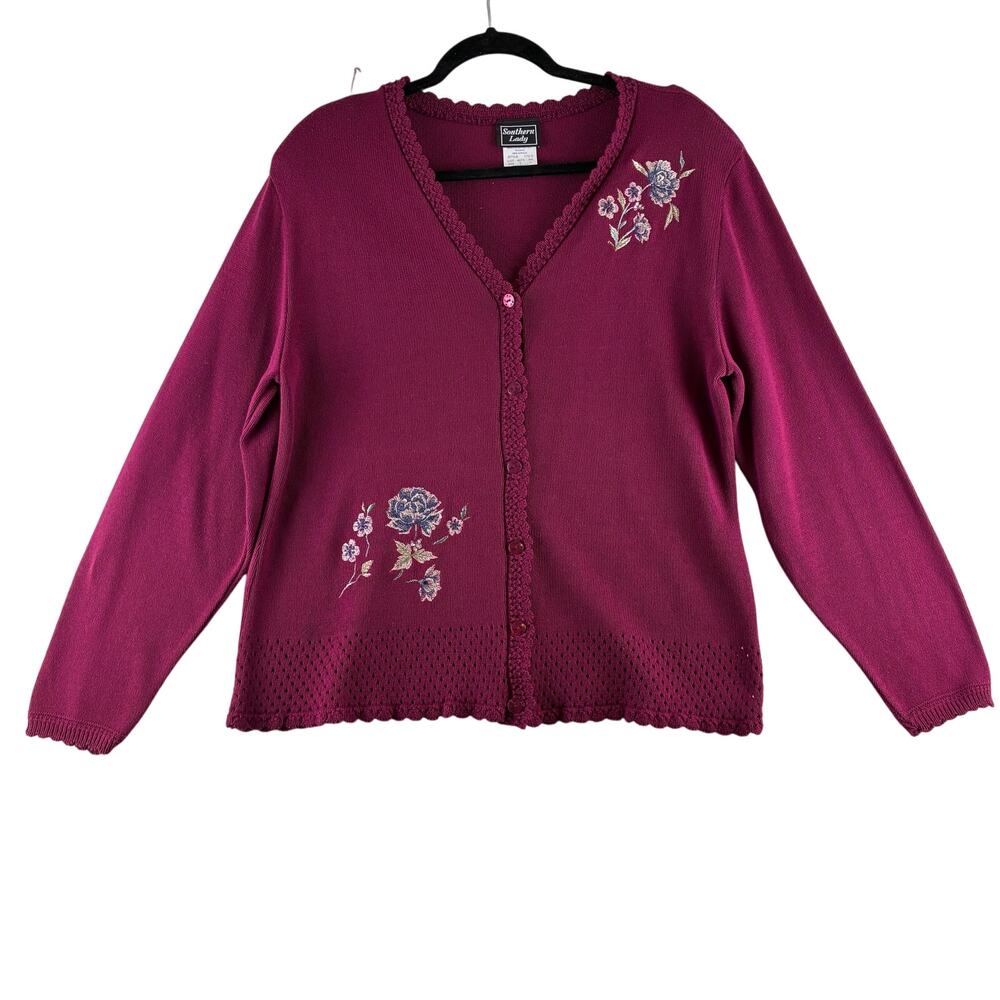 Southern Lady Button Up Cardigan Sweater Women's Large Embroidered Maroon READ
